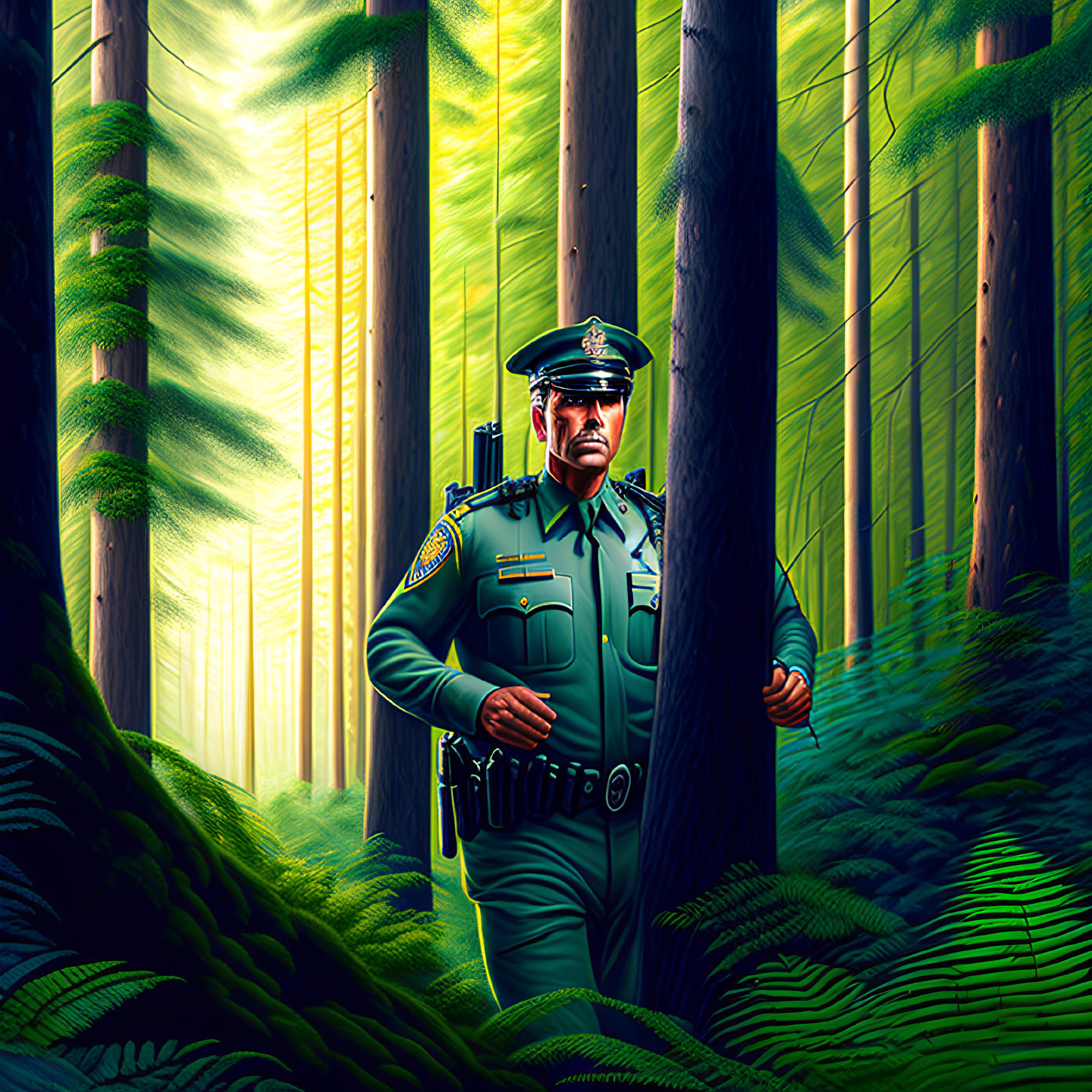 Confident police officer in lush green forest with sun rays