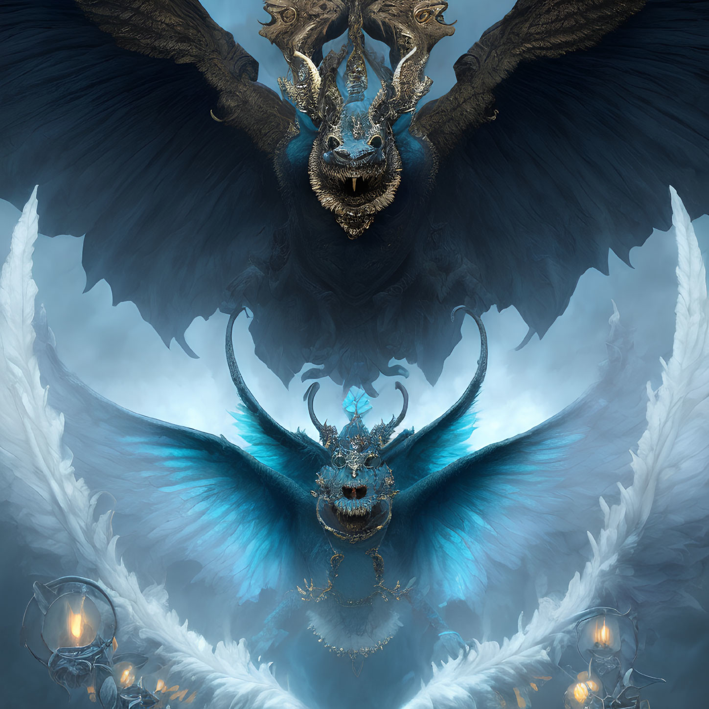 Symmetrical dragon artwork with dark and blue wings, multiple heads