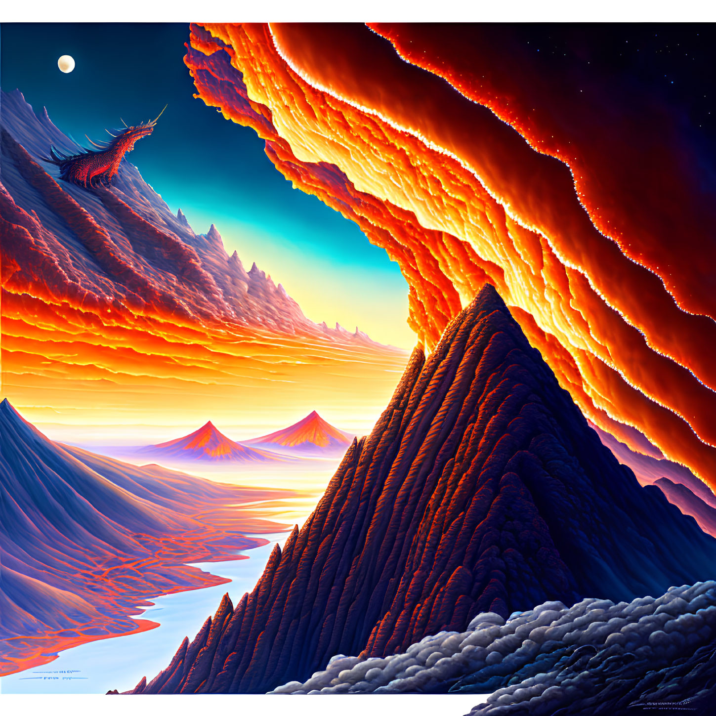 Sci-fi landscape with fiery sky waves, river, volcanic mountains, starry night sky, and moon