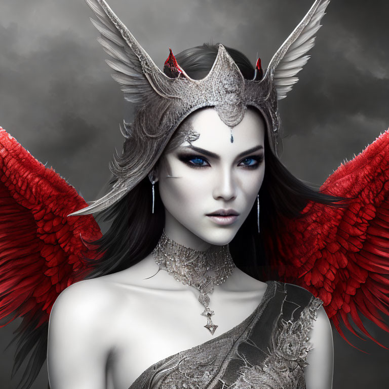 Pale-Skinned Fantasy Figure with Blue Eyes, Silver Crown, Ornate Neckpiece, and Red