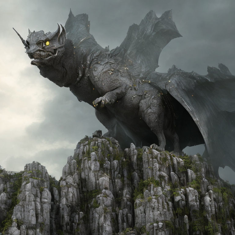 Gray Dragon Perched on Rocky Cliffs in Stormy Sky