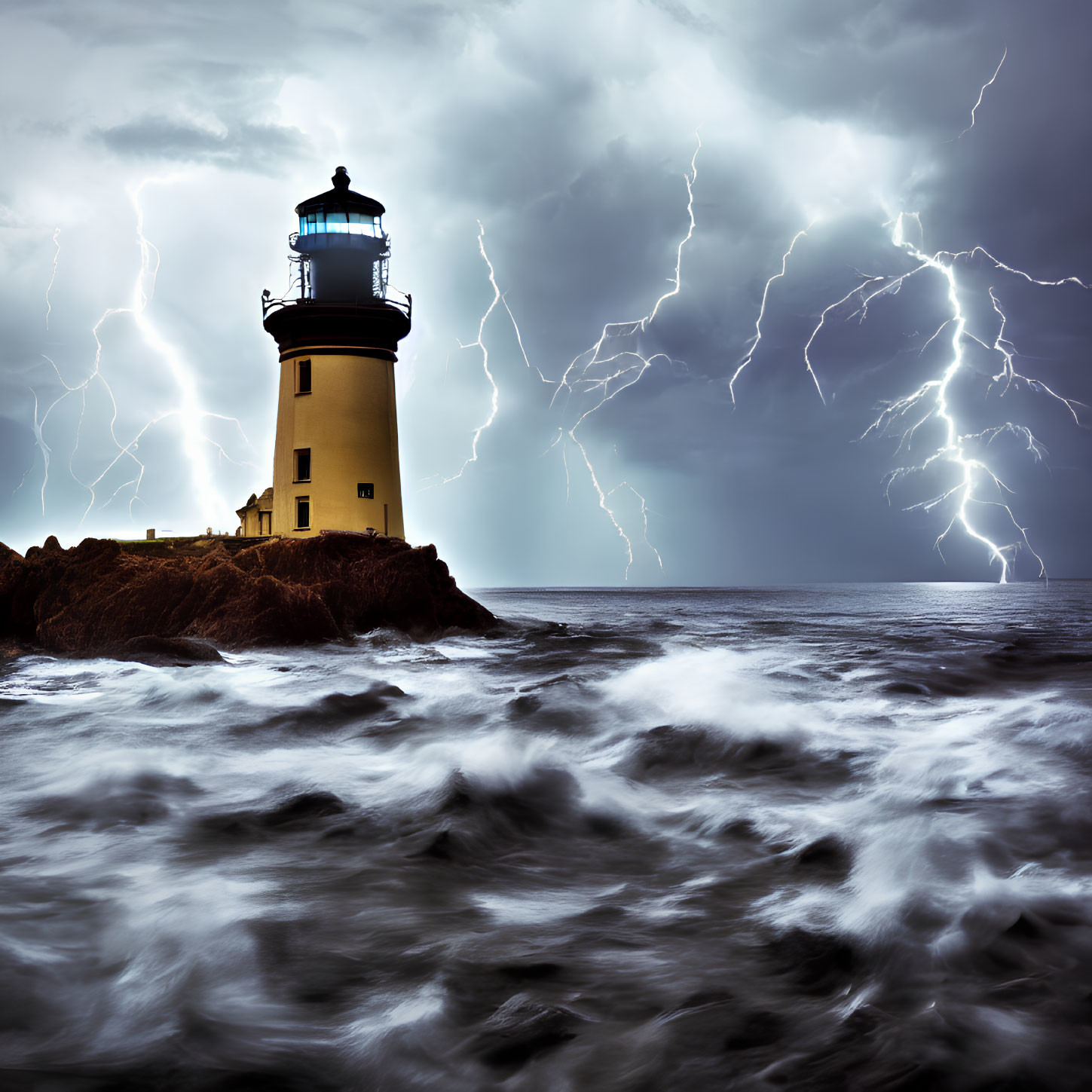 Stormy Sky and Lightning Strikes at Rugged Coastline