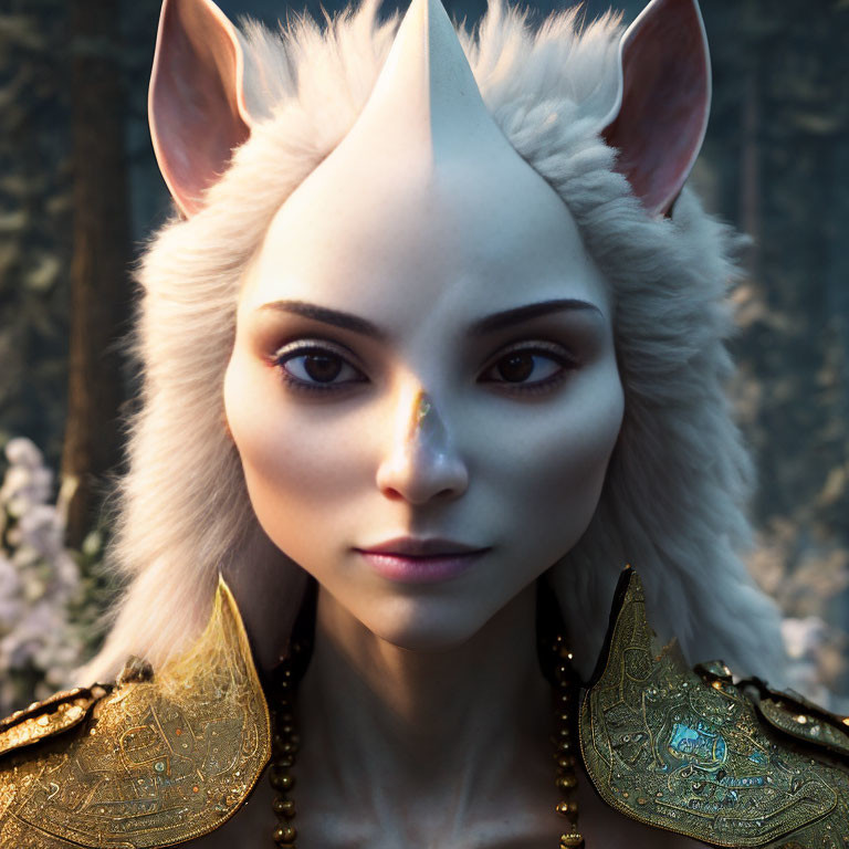 Fantasy Female Character with Elf-like Ears and Golden Crown in Forest
