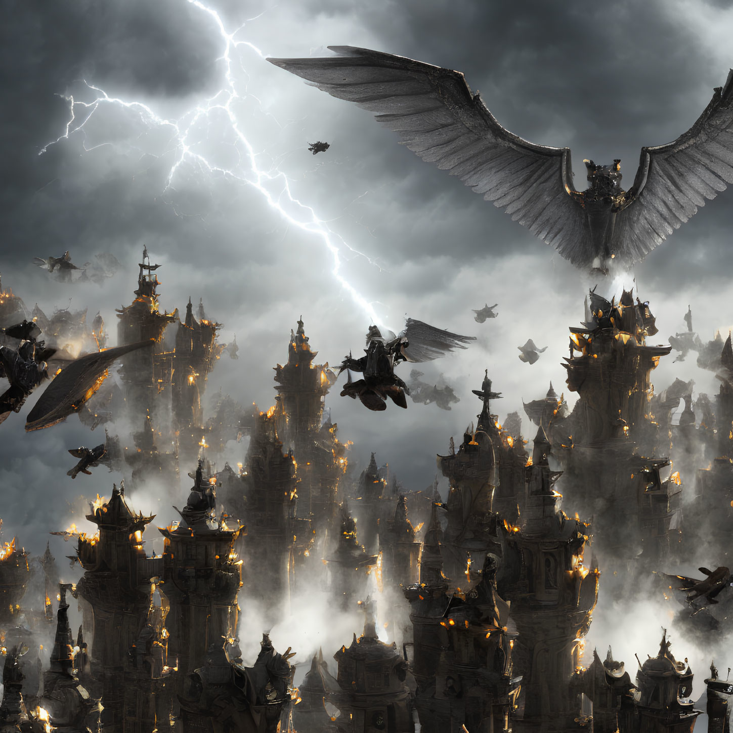 Fantasy Battle Scene: Winged Creatures, Flying Warriors, Burning Spires, Stormy Sky