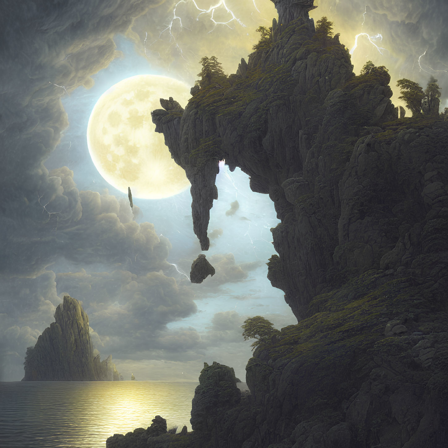 Fantastical landscape with towering cliffs, giant moon, lightning, and floating rock.