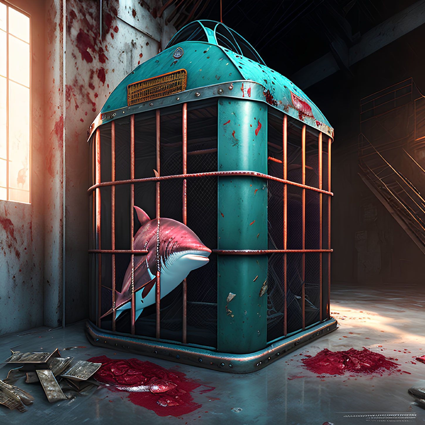 Digital artwork of shark in rusty cage with blood splatter in industrial setting