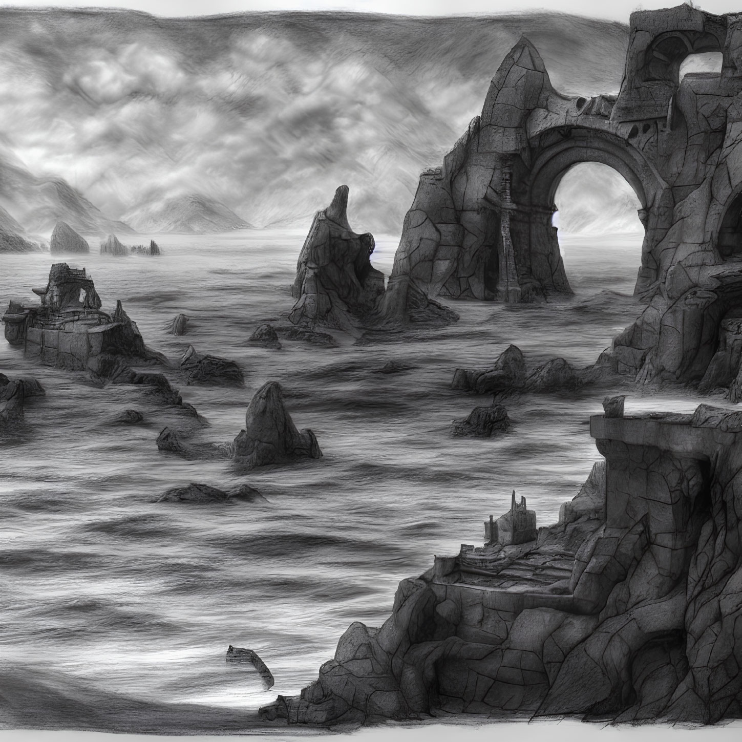 Monochromatic seascape with rocky shore, arch ruins, and cliffs under cloudy sky