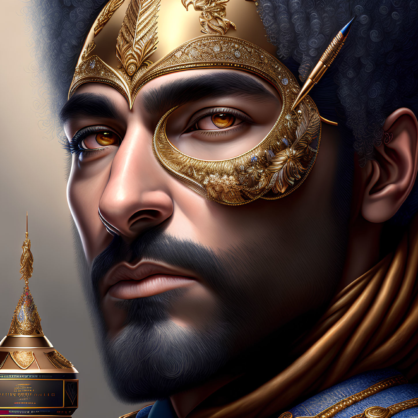 Detailed digital portrait of a man with golden ornamental headgear and eyepatch, exuding reg