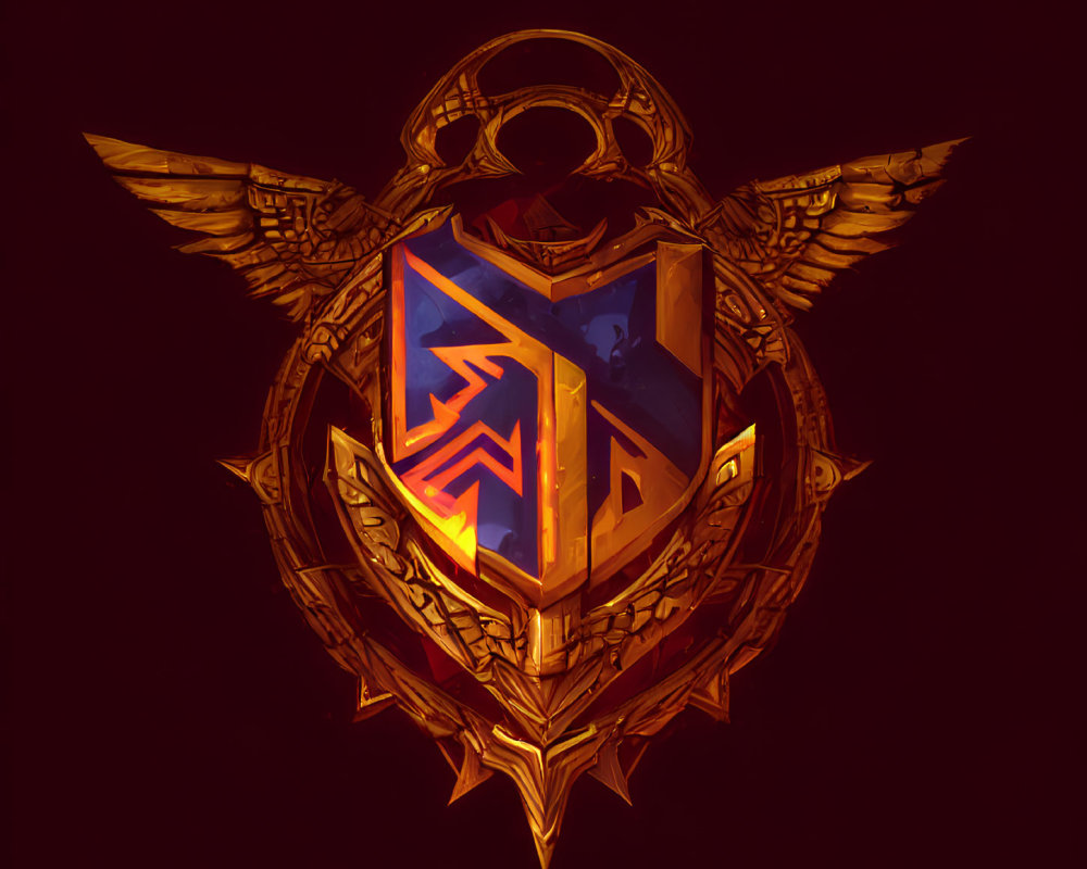 Golden emblem with wings and triangular symbols on dark red background