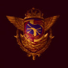 Golden emblem with wings and triangular symbols on dark red background