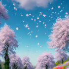 Vibrant cherry blossom landscape with lush greenery and colorful flowers
