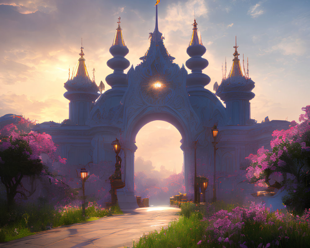 Fantasy palace with ornate spires and pink trees in warm sunrise light
