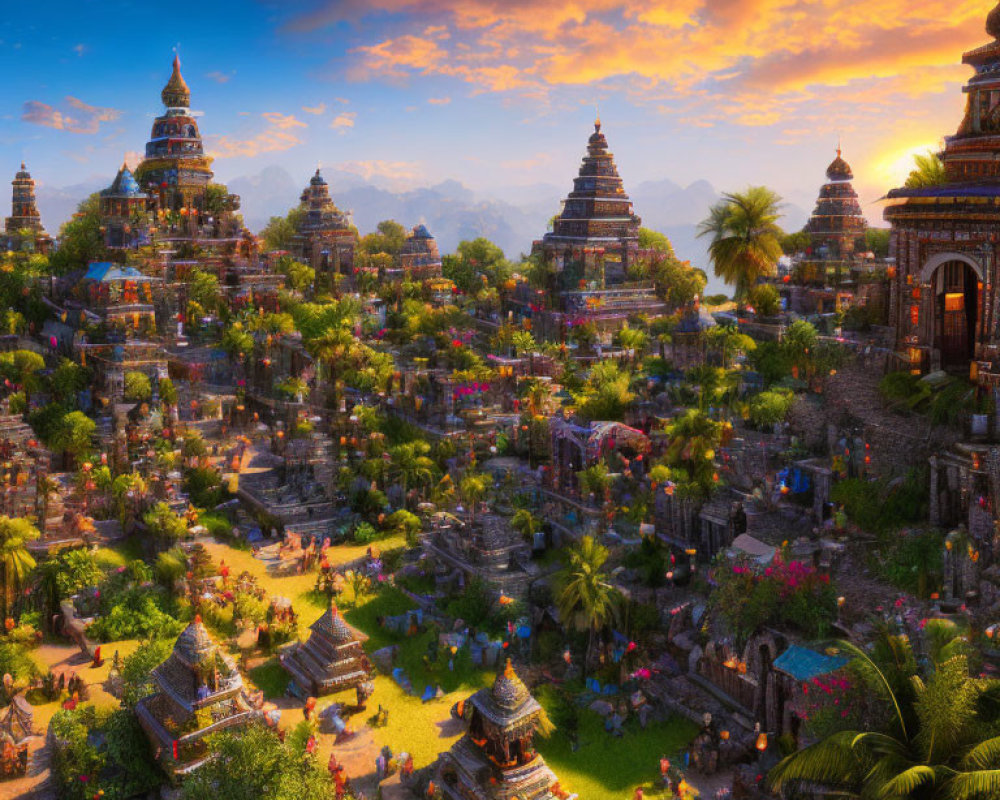 Fantastical cityscape at sunset with temples, markets, and lush greenery