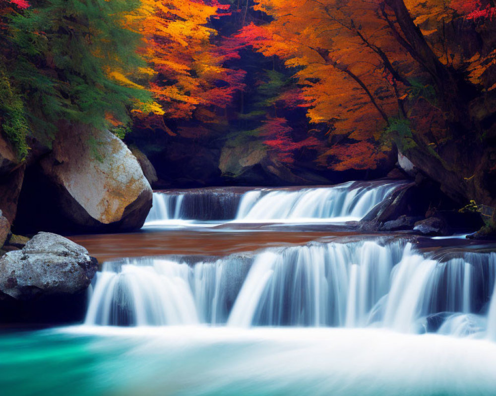 Tranquil waterfall in vibrant autumn forest