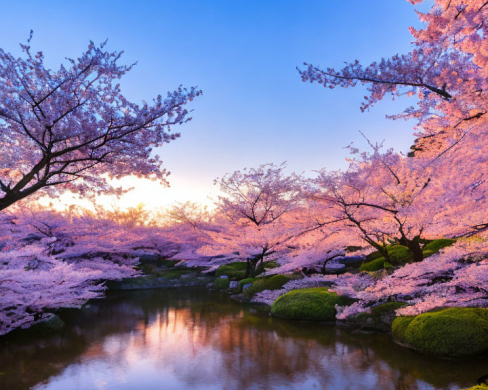 Cherry Blossoms in Full Bloom Reflecting at Sunset