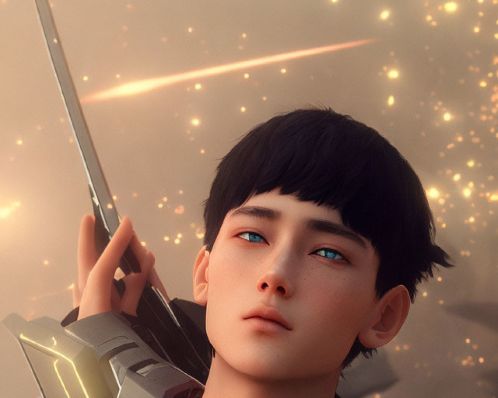 Young person with dark hair and blue eyes holding a sword under glowing orange particles