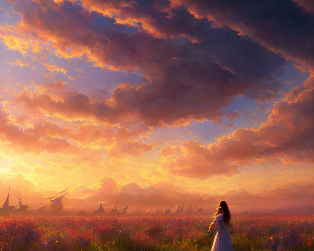 Woman in white dress in colorful meadow at sunset with sailboats on horizon