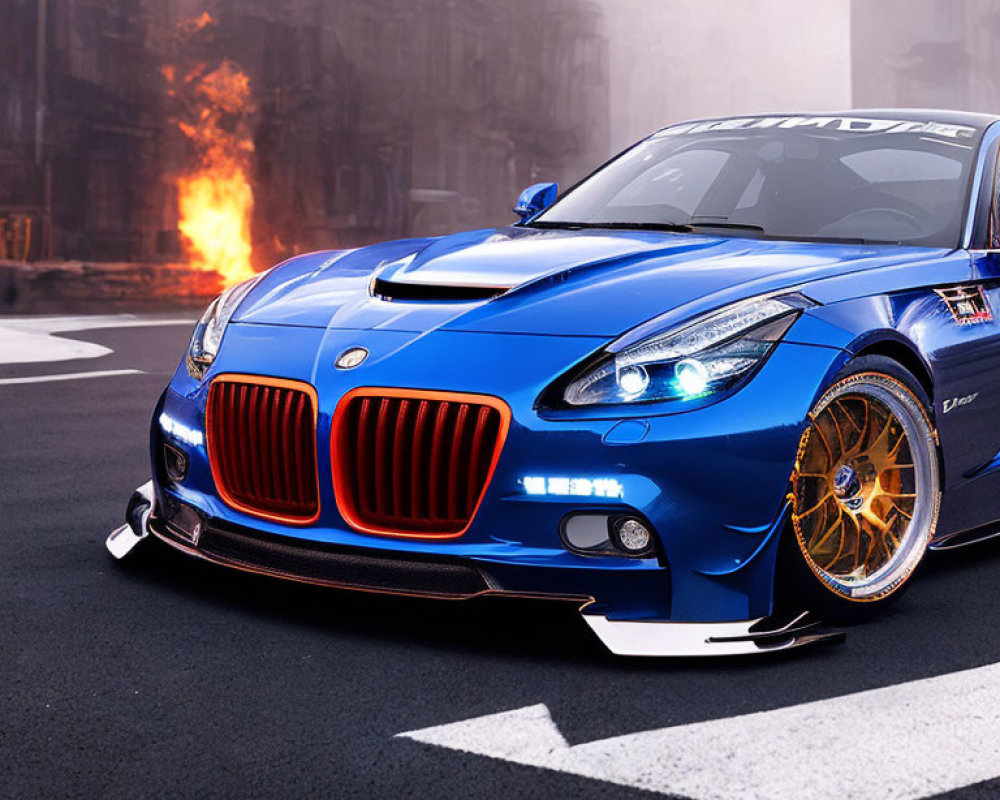 Blue sports car with custom black and gold rims on urban street with smoke and flames.