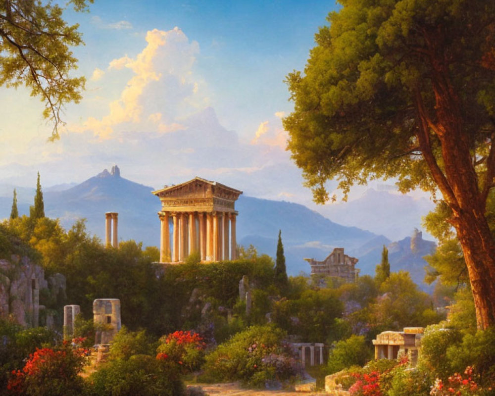Ancient Greek ruins with temple, mountains, and lush flora in scenic view