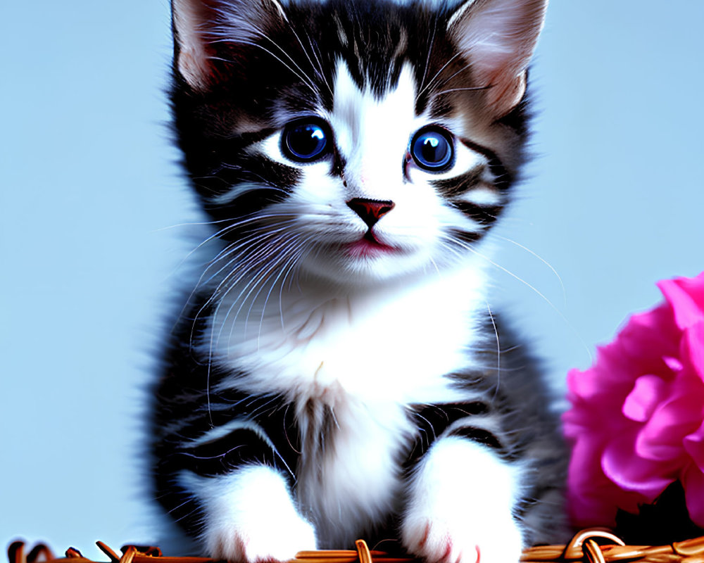 Black and white kitten with blue eyes on wicker basket next to pink flower