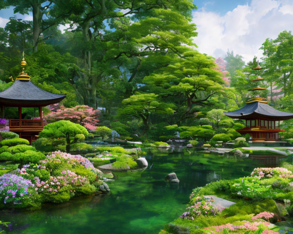 Japanese Garden with Vibrant Flora, Traditional Pavilions, and Serene Pond