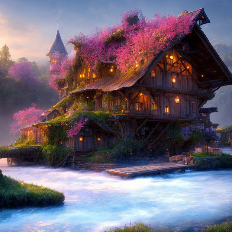 Cozy wooden house with pink blossoms by stream at dusk