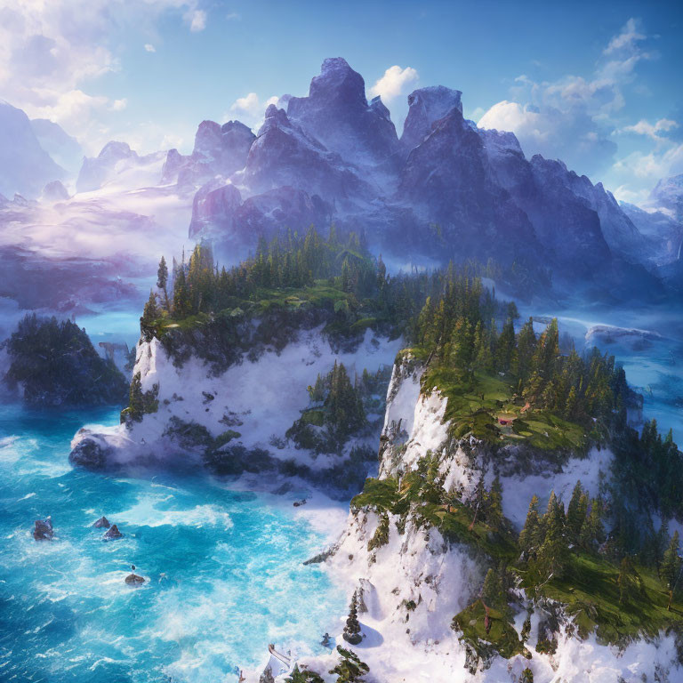 Fantastical landscape with green islands, snowy cliffs, and majestic mountains