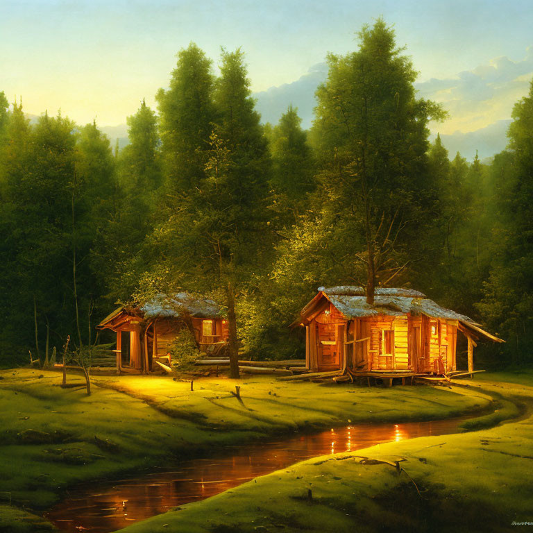 Rustic wooden cabins near stream in lush forest landscape