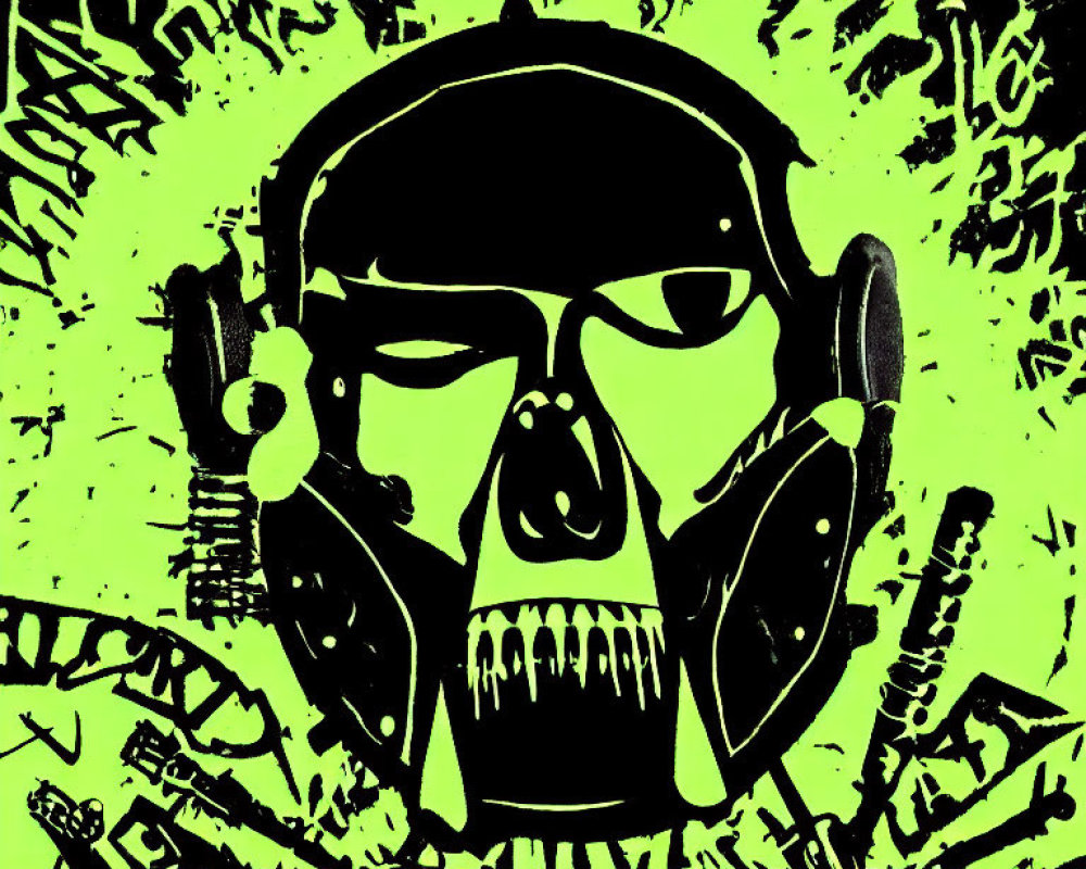 Black and Green Skull Graphic with Headphones and Abstract Patterns