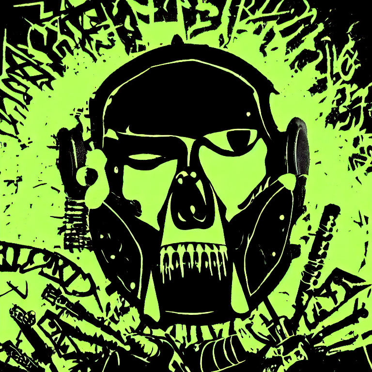 Black and Green Skull Graphic with Headphones and Abstract Patterns