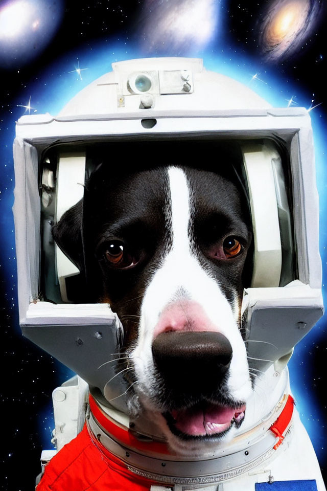 Dog in astronaut suit against vibrant space backdrop