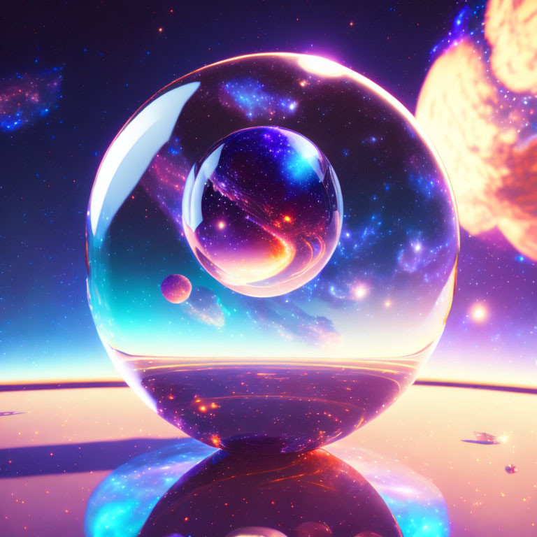 Digital artwork featuring crystal ball reflecting cosmic scene with planets, stars, and nebula under purple sky
