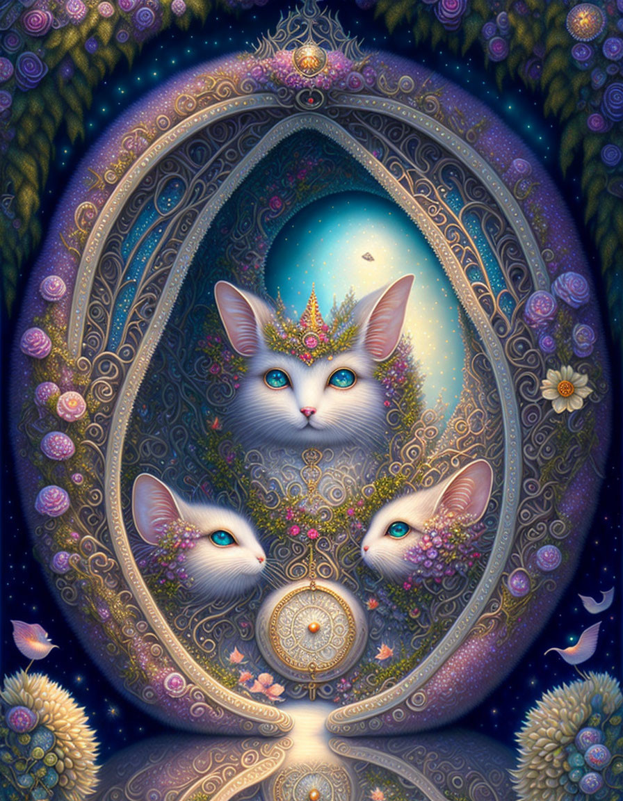 Three mystical cats with vibrant blue eyes and ornate crowns in golden egg-shaped portal surrounded by stars