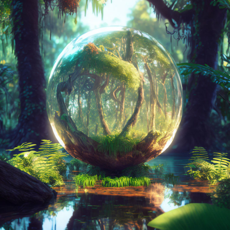 Miniature forest ecosystem in luminous sphere above reflective water surface