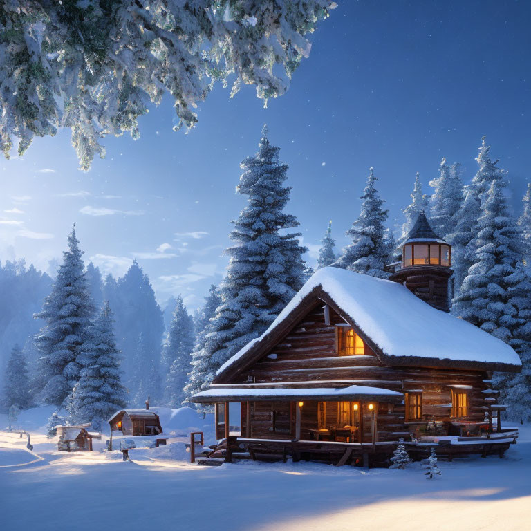 Snow-covered log cabin surrounded by pine trees at twilight