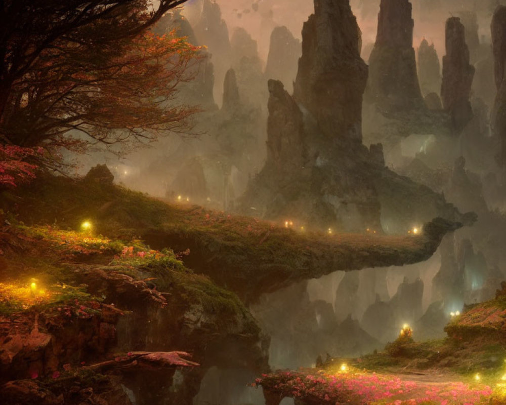 Enchanting forest with glowing lights, rock spires, arch bridge, and pink flora