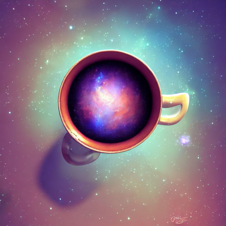 Cosmic scene in a coffee mug against starry background