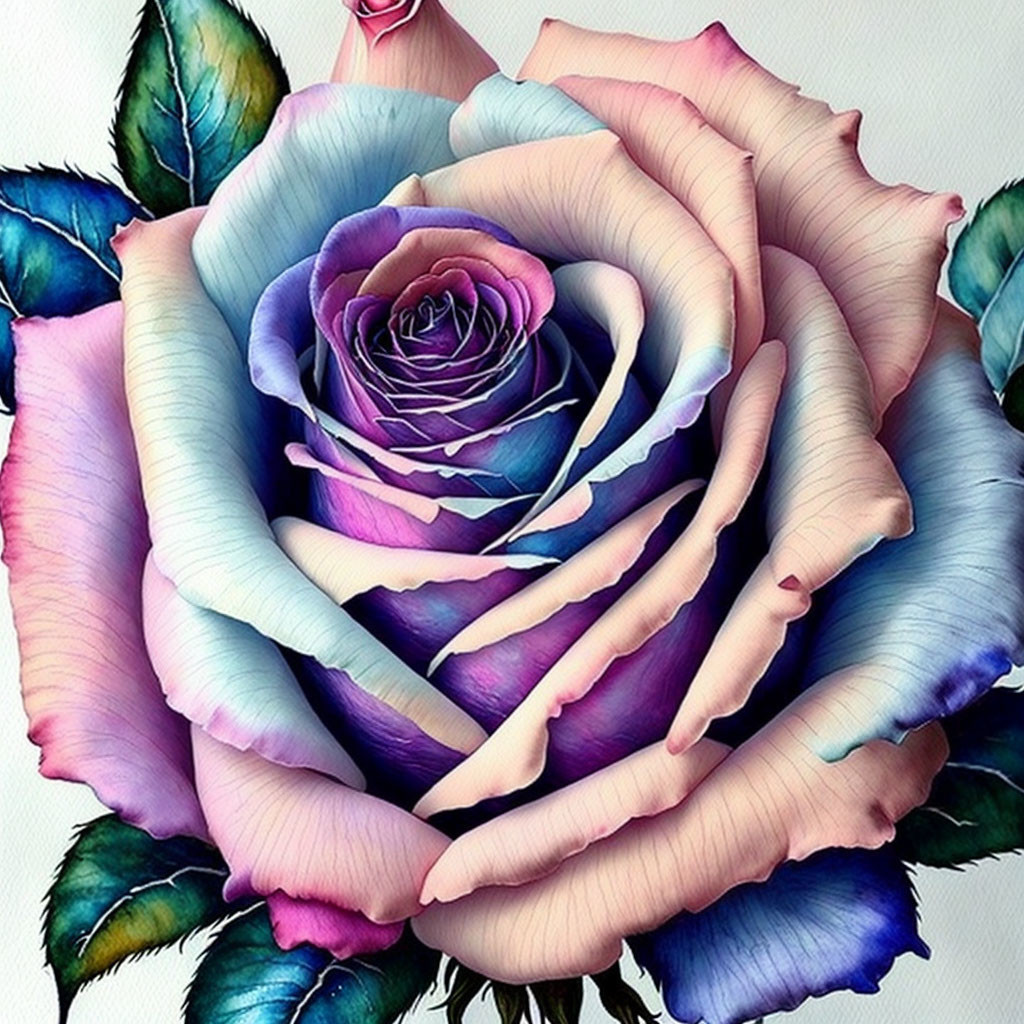 Digitally altered multicolored rose with pink, blue, and purple petals.