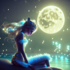 Glowing ethereal woman by the sea under a large moon