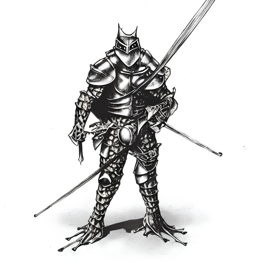Detailed Black-and-White Knight Illustration with Sword in Armor