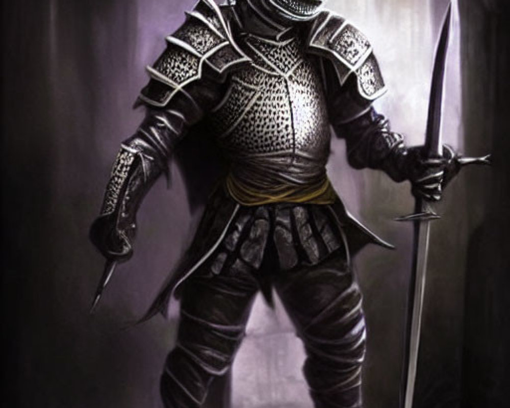 Anthropomorphic armored frog knight with sword in gothic corridor