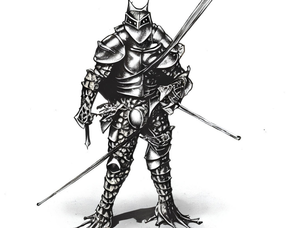 Detailed Black-and-White Knight Illustration with Sword in Armor
