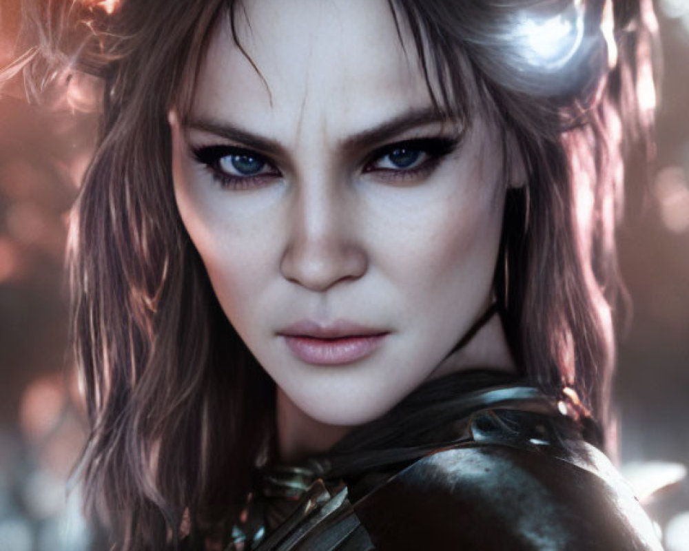 Intense blue-eyed woman in horned armor against dark background