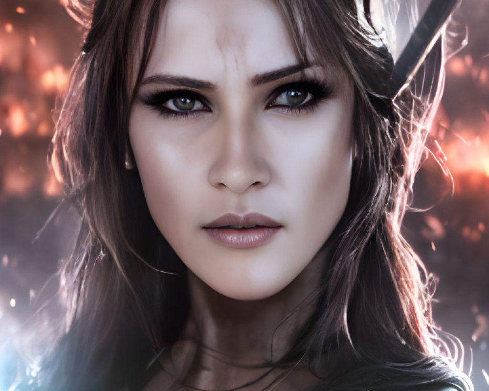 Digital art portrait of a woman in dark armor with intense blue eyes.