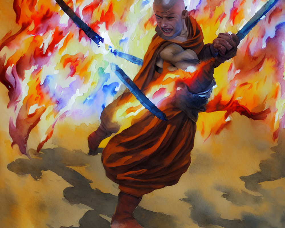 Monk with staff in front of fiery backdrop