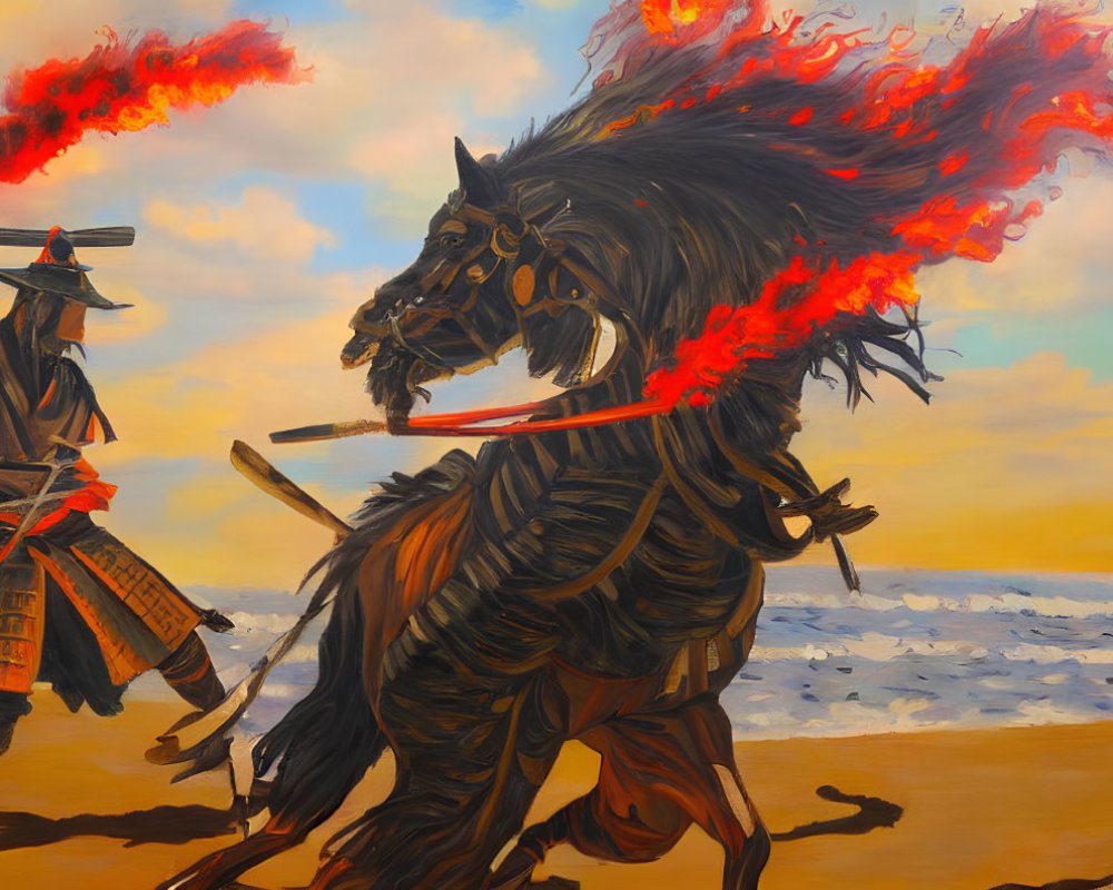 Dynamic painting of samurai on fiery horse with spear in stormy sea and orange sky