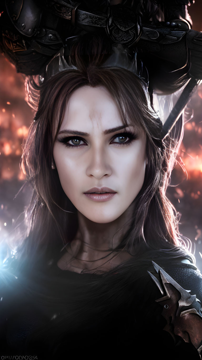 Digital art portrait of a woman in dark armor with intense blue eyes.