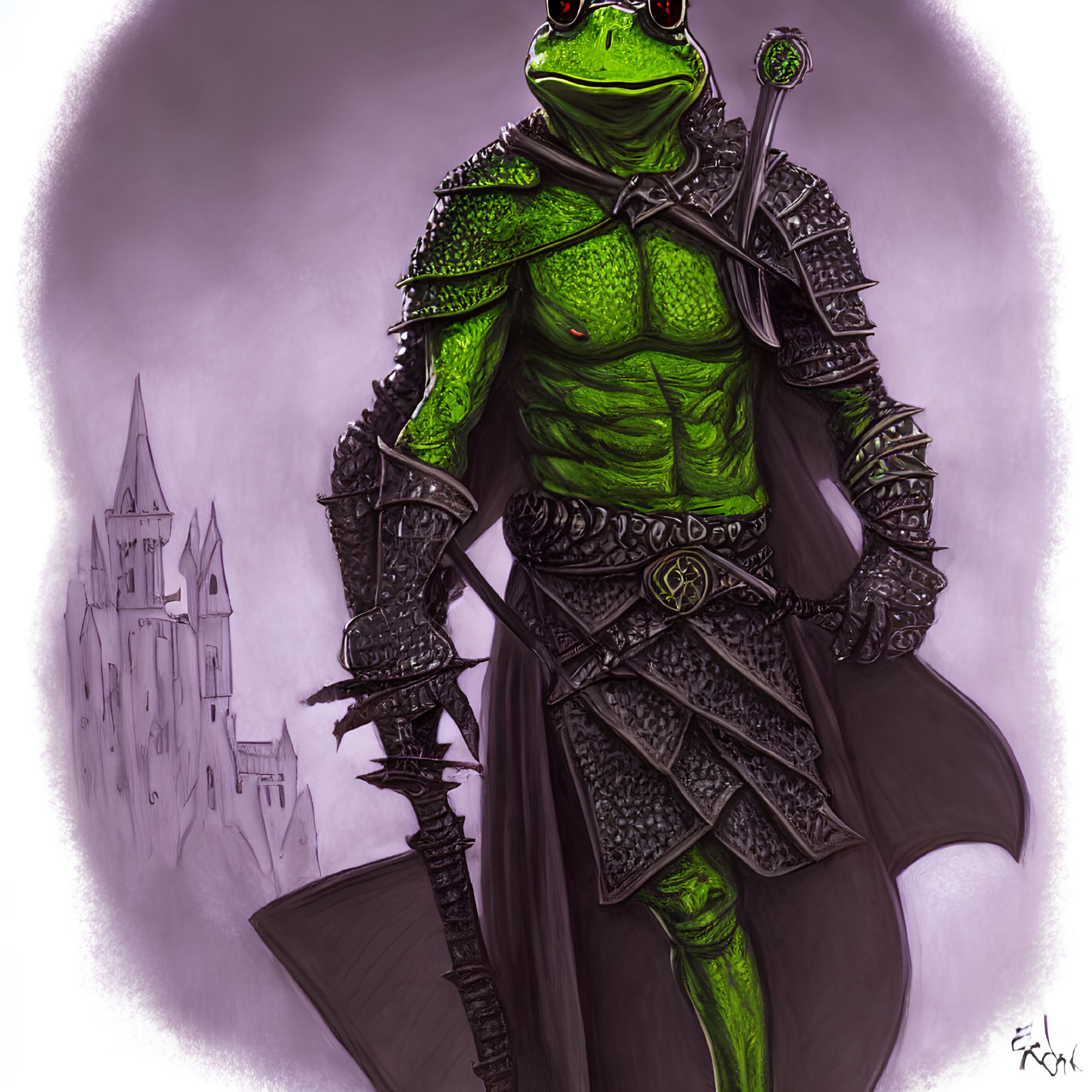 Fantasy Medieval Knight Frog Character with Mace and Castle