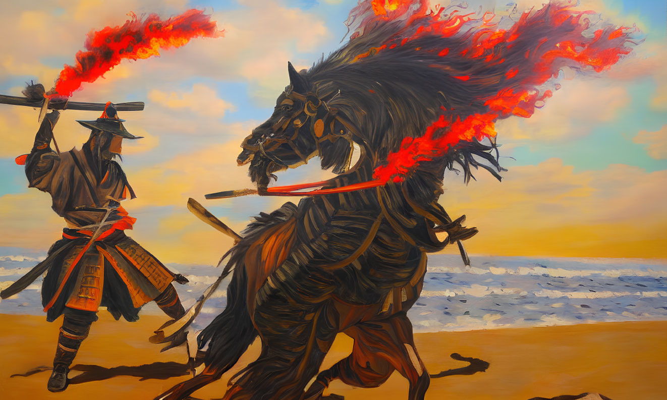 Dynamic painting of samurai on fiery horse with spear in stormy sea and orange sky