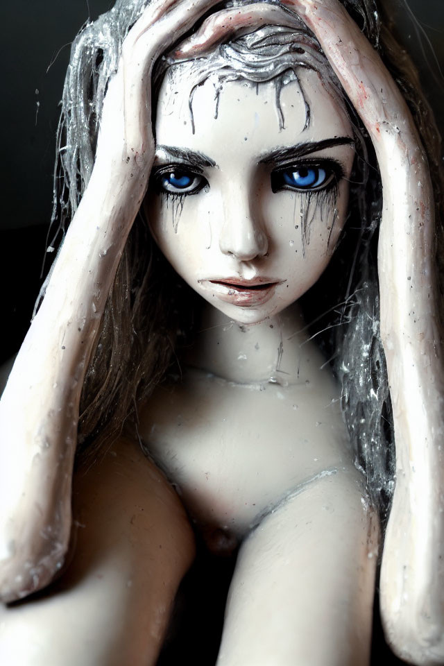 Close-up of figure with blue eyes and white paint dripping on face and body
